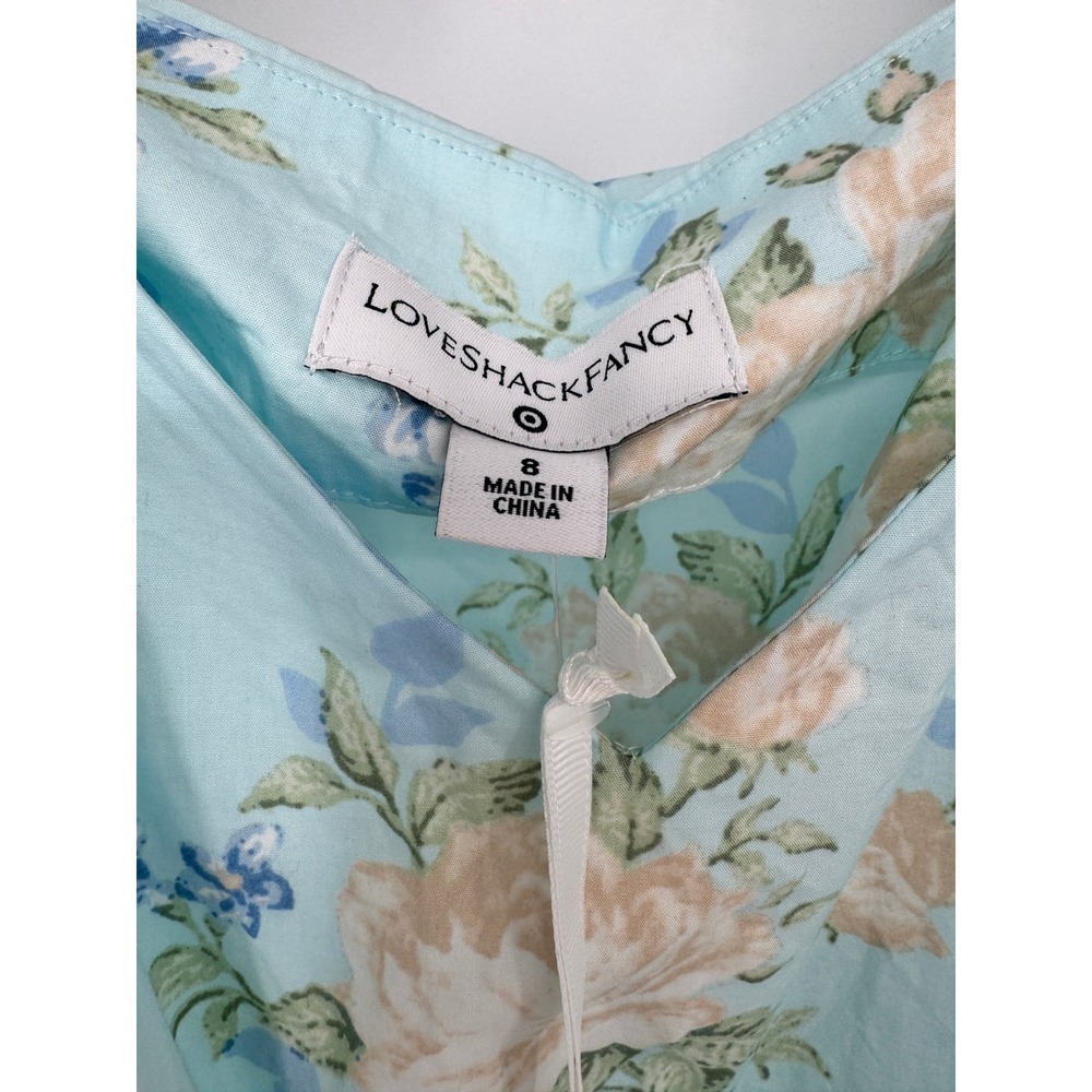 LoveShackFancy x Target Dress Womens 8 Blue NEW Floral Puff Sleeve Midi Belted - Picture 4 of 13